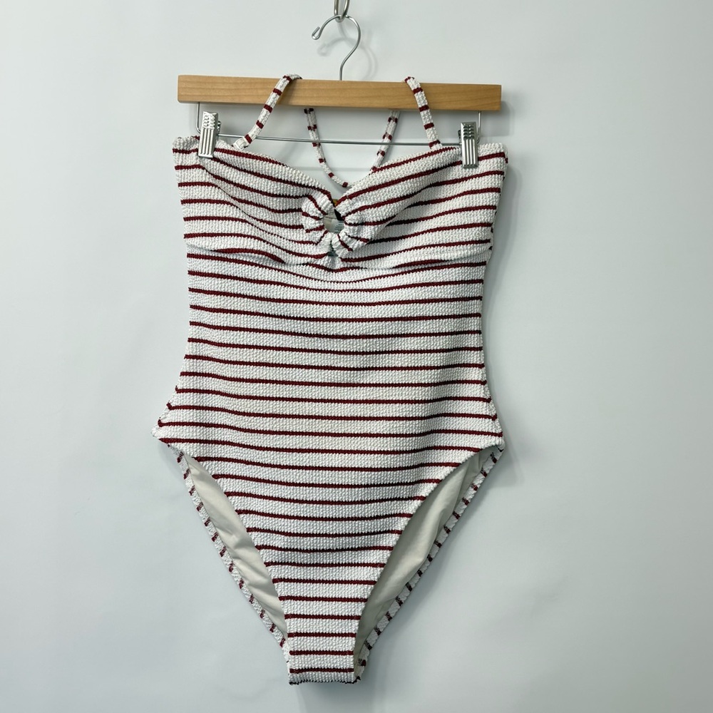 J. Crew scrunchie ring bandeau Halter one-piece swim red white stripes Size 10